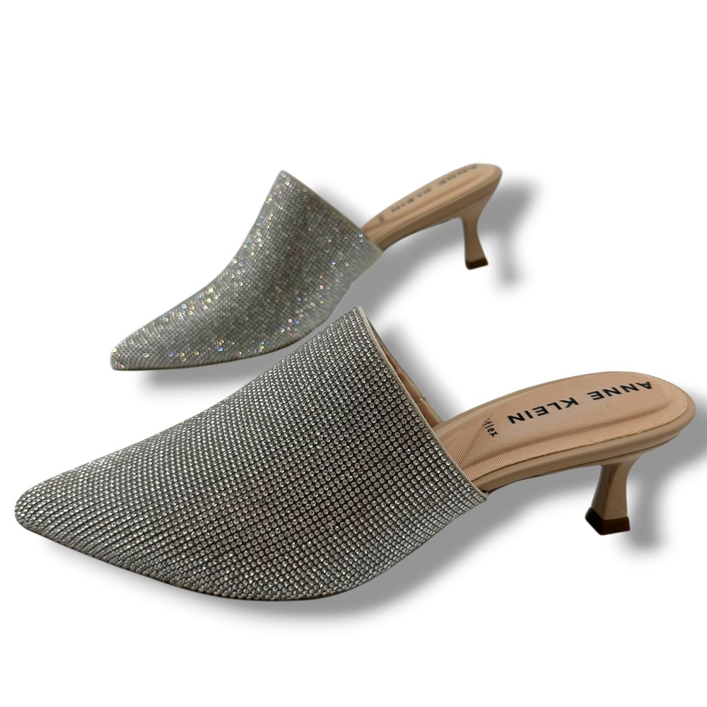 Anne Klein Isabell-C Silver Crystal Rhinestone Mules Kitten Heel Pointed Toe 8
